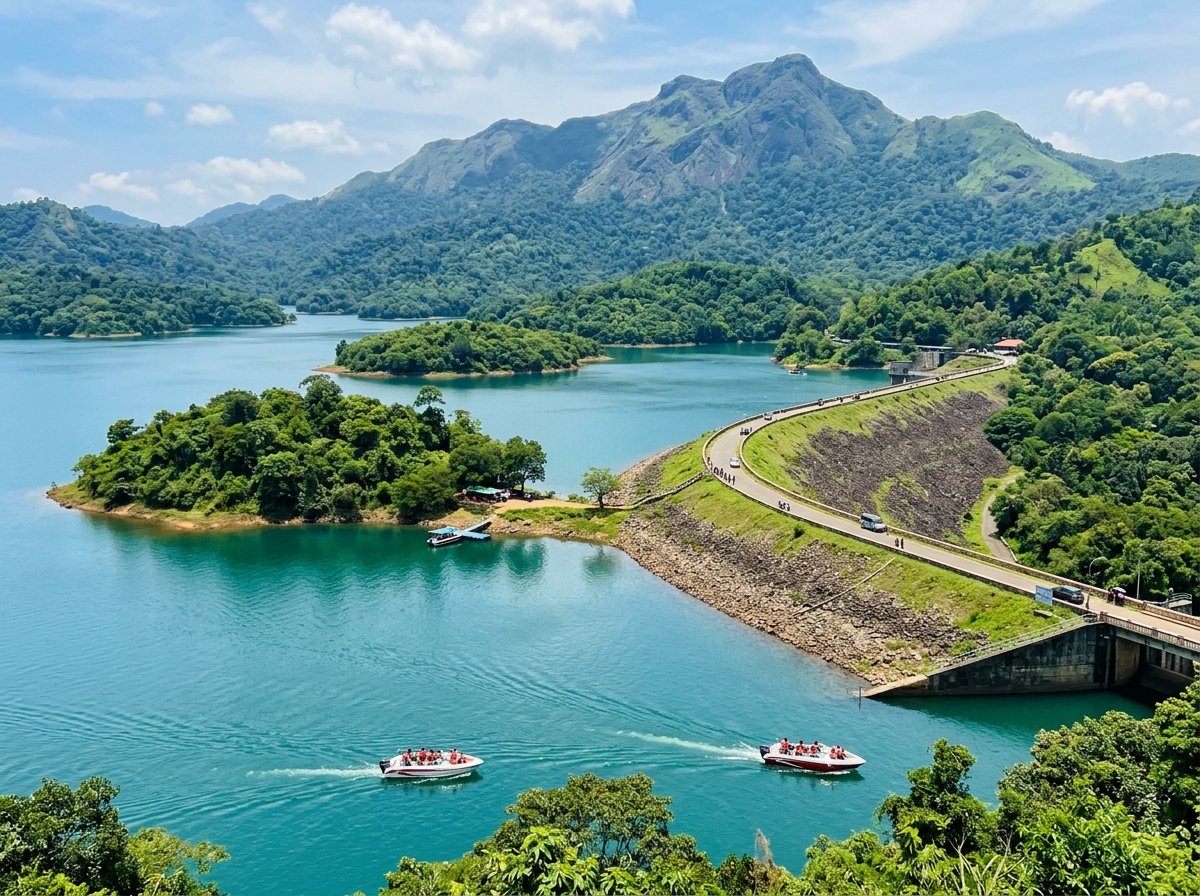 Turquoise reservoir water and hill islands of Banasura Sagar Dam