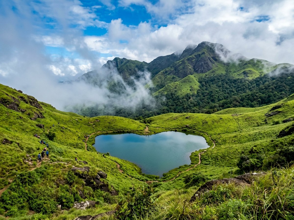 Heart shaped natural mountain lake at Chembra Peak Wayanad
