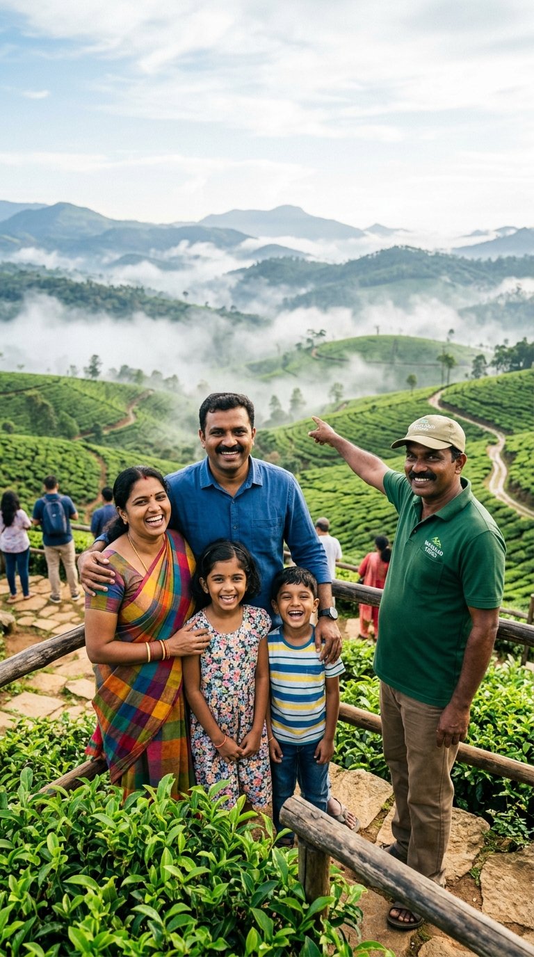 Friendly local guide with family on tea garden walk